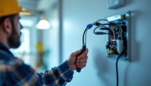 A photograph of a lighting contractor examining a house fan switch installation