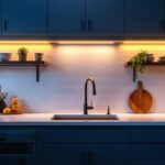 A photograph of a beautifully designed kitchen featuring sleek hardwired under cabinet led lighting