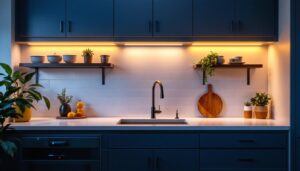 A photograph of a beautifully designed kitchen featuring sleek hardwired under cabinet led lighting