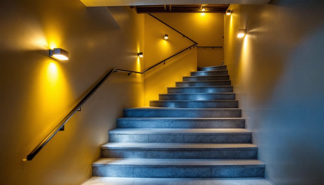 A photograph of a well-lit basement stairwell showcasing effective lighting solutions