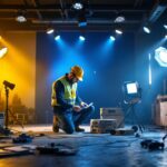 A photograph of a lighting contractor at work