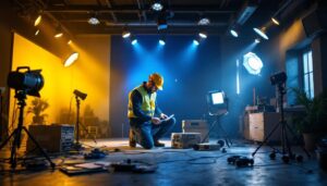 A photograph of a lighting contractor at work