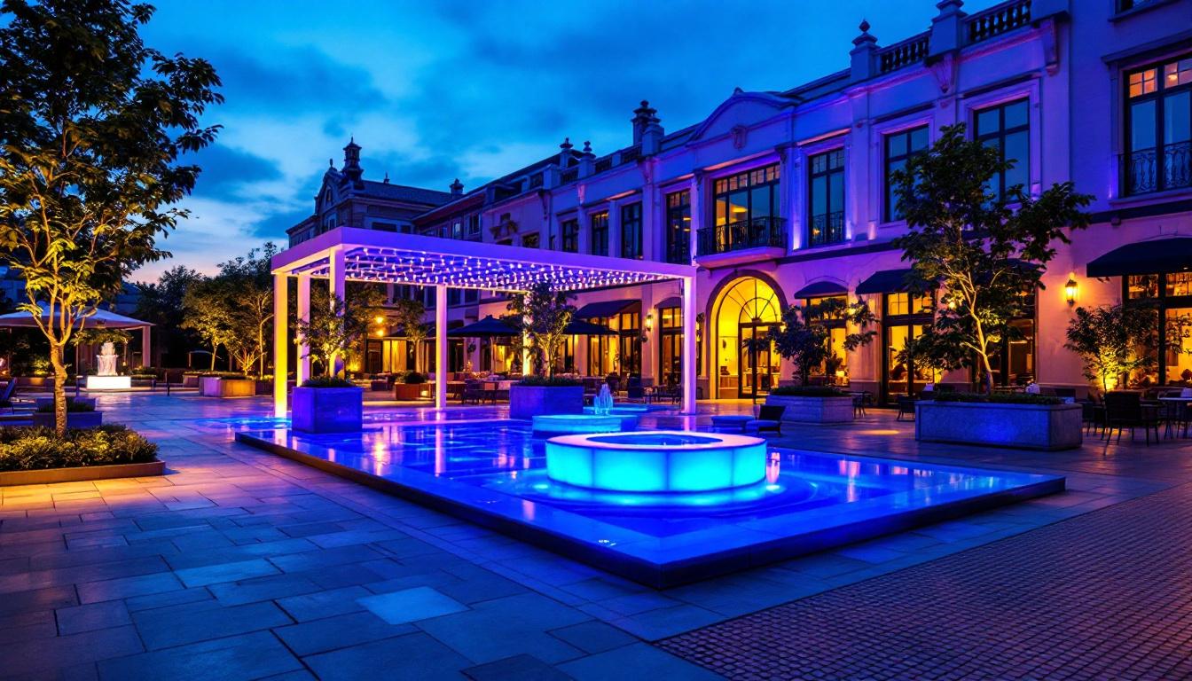 A photograph of a beautifully illuminated outdoor space featuring blue lighting