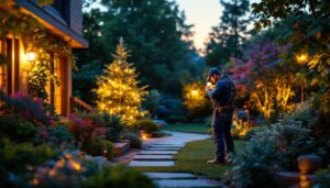 A photograph of a skilled lighting contractor installing stylish outdoor lights in a beautifully landscaped garden