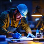 A photograph of a lighting contractor using an ultraviolet light in a workspace