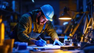 A photograph of a lighting contractor using an ultraviolet light in a workspace
