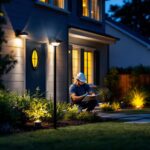 A photograph of a well-lit outdoor space featuring solar security lights installed around a home