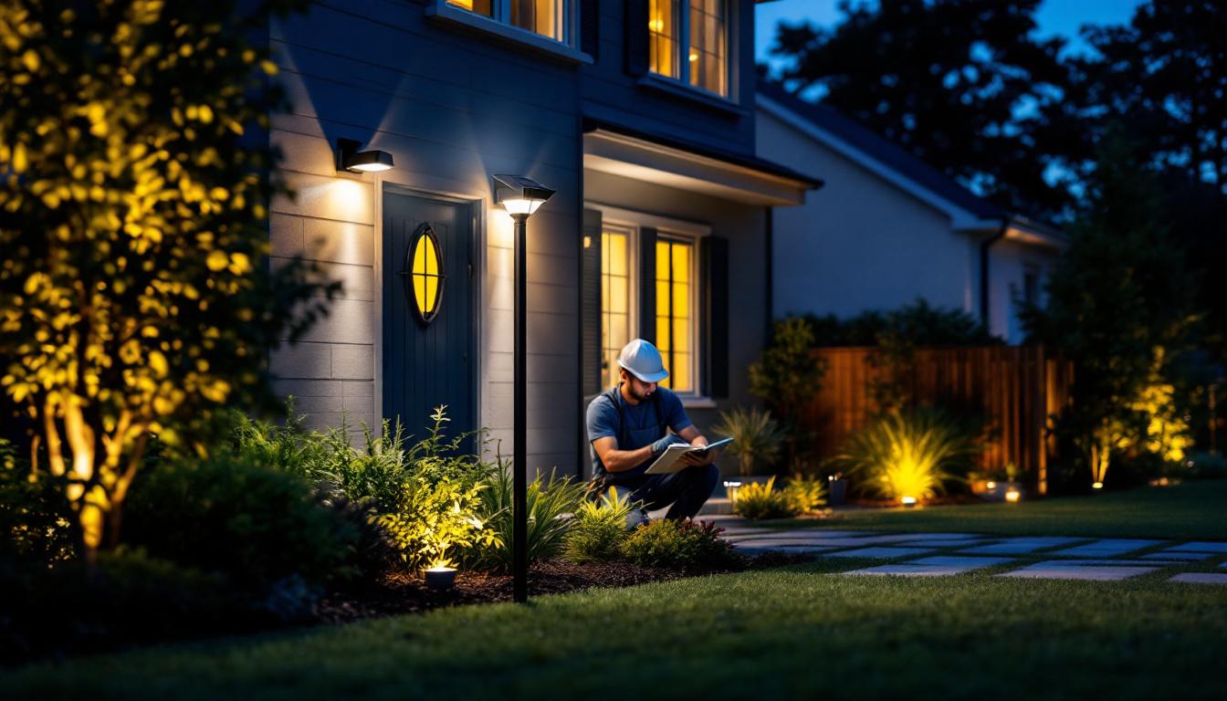 A photograph of a well-lit outdoor space featuring solar security lights installed around a home