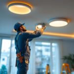 A photograph of a lighting contractor expertly installing recessed downlights in a modern home setting
