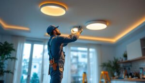 A photograph of a lighting contractor expertly installing recessed downlights in a modern home setting
