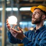 A photograph of a lighting contractor installing or showcasing a fluorescent bulb in a commercial or residential setting