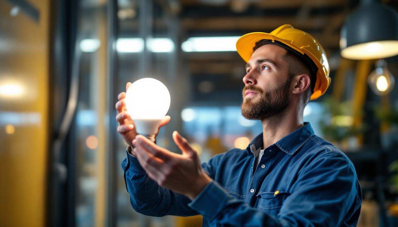 A photograph of a lighting contractor installing or showcasing a fluorescent bulb in a commercial or residential setting