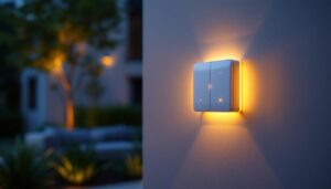A photograph of a modern exterior light switch timer installed on a stylish outdoor wall