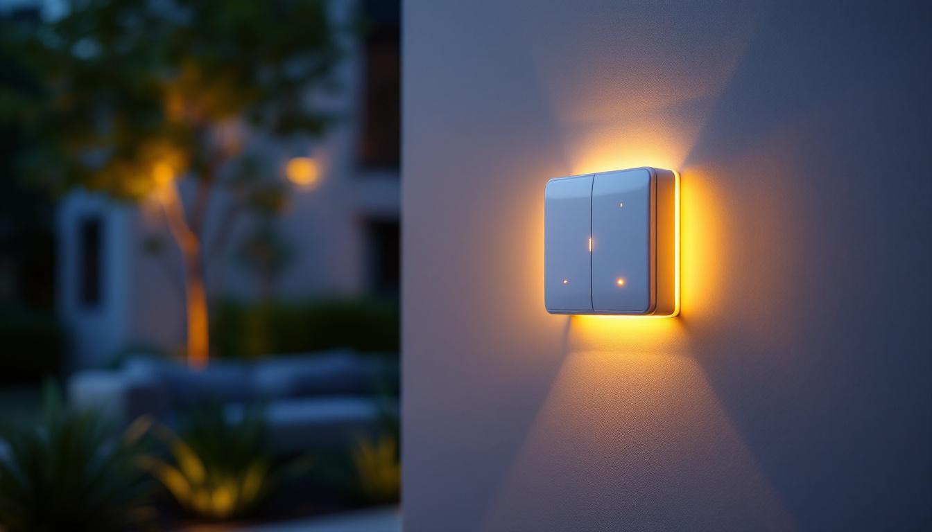 A photograph of a modern exterior light switch timer installed on a stylish outdoor wall