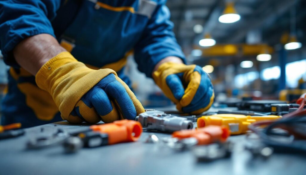 A photograph of a lighting contractor expertly installing twist lock plugs in a commercial setting