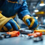 A photograph of a lighting contractor expertly installing twist lock plugs in a commercial setting