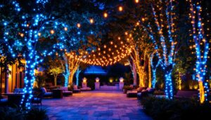 A photograph of a beautifully illuminated outdoor space featuring vibrant led string lights draped over trees and patio areas
