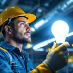 A photograph of a skilled lighting contractor installing a t8 light bulb in a commercial setting
