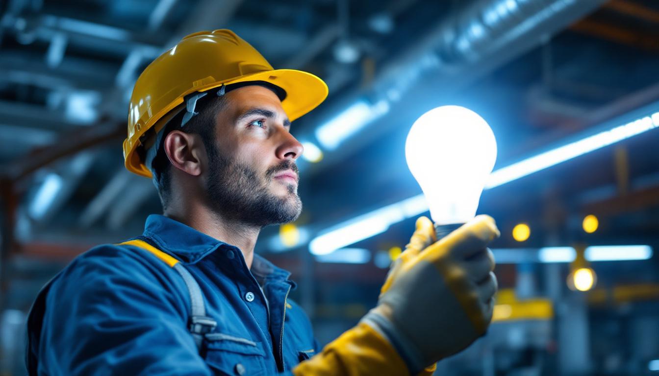 A photograph of a skilled lighting contractor installing a t8 light bulb in a commercial setting