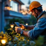 A photograph of a lighting contractor installing outdoor solar led lights in a residential garden