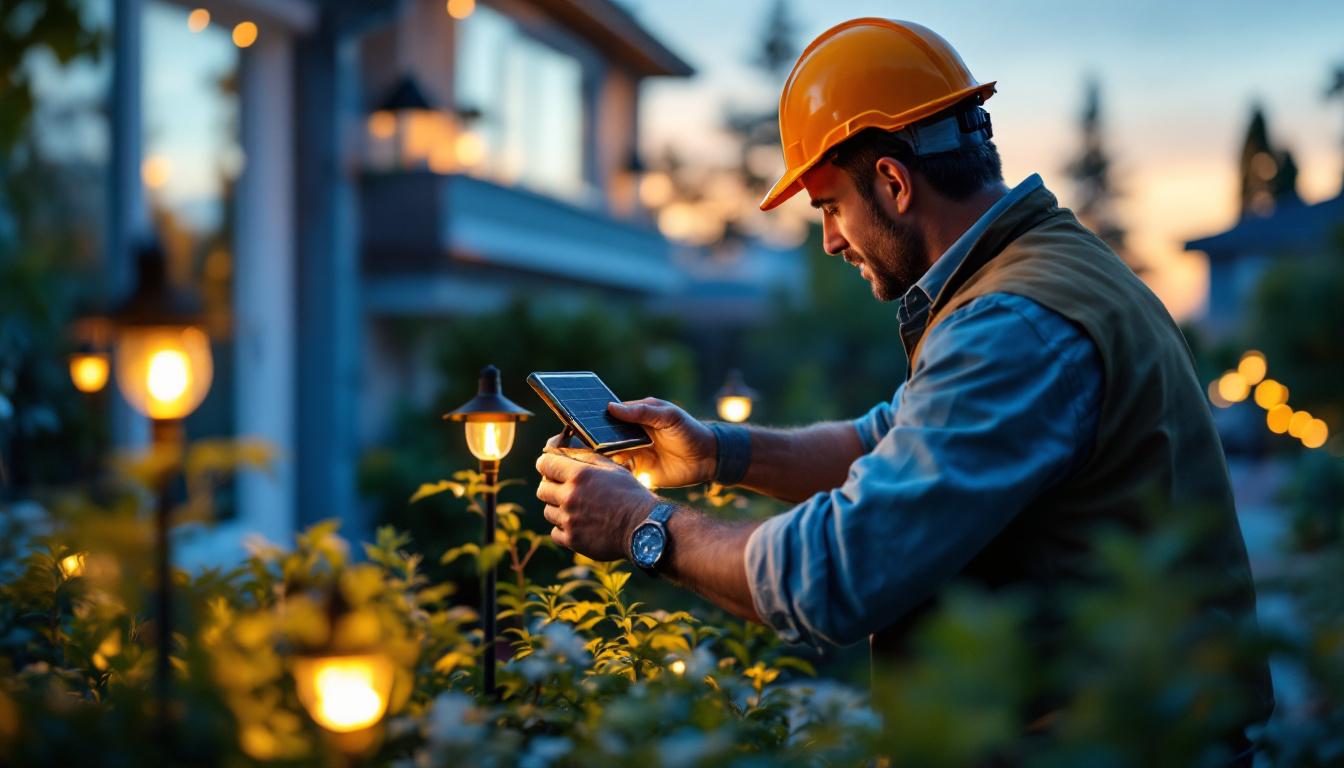 A photograph of a lighting contractor installing outdoor solar led lights in a residential garden