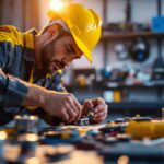 A photograph of a skilled lighting contractor expertly connecting low voltage wiring connectors in a well-lit