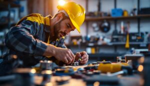 A photograph of a skilled lighting contractor expertly connecting low voltage wiring connectors in a well-lit