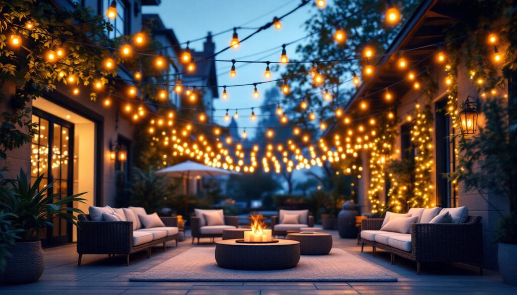 A photograph of a beautifully lit outdoor patio scene featuring string lights elegantly draped overhead