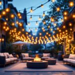 A photograph of a beautifully lit outdoor patio scene featuring string lights elegantly draped overhead