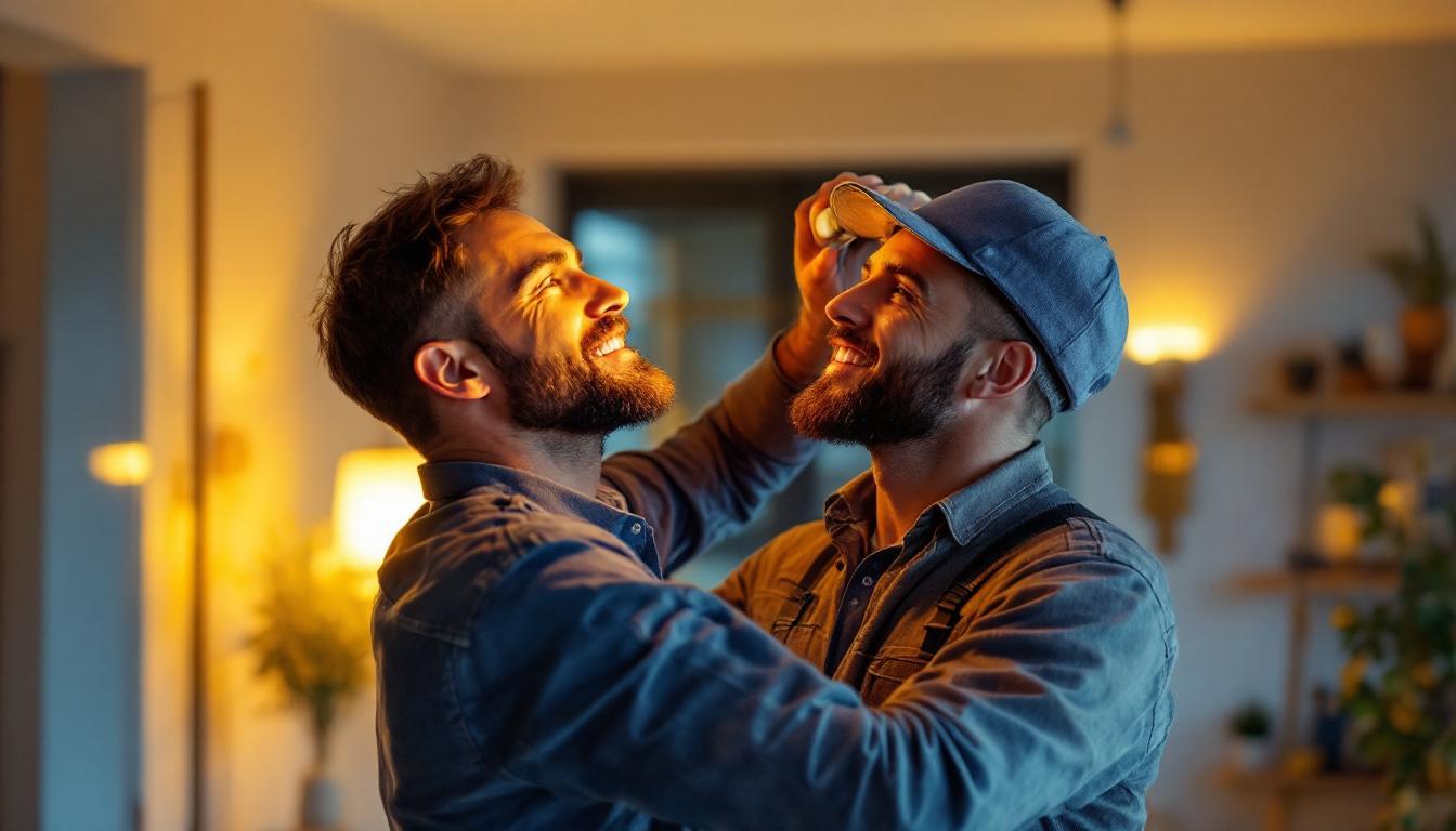 A photograph of a lighting contractor expertly installing an a-19 bulb in a modern home setting
