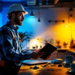 A photograph of a lighting contractor reviewing a well-lit space