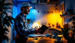A photograph of a lighting contractor reviewing a well-lit space