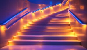 A photograph of a beautifully lit staircase featuring integrated led lighting