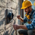 A photograph of a lighting contractor installing a waterproof outlet cover in an outdoor setting
