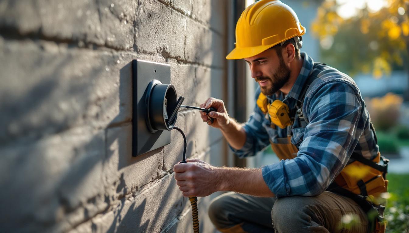 A photograph of a lighting contractor installing a waterproof outlet cover in an outdoor setting