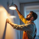 A photograph of a lighting contractor adjusting a dimmable led fixture in a modern residential space