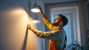 A photograph of a lighting contractor adjusting a dimmable led fixture in a modern residential space