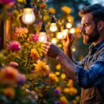 A photograph of a lighting contractor skillfully installing or adjusting decorative lights among vibrant flowers in a garden setting