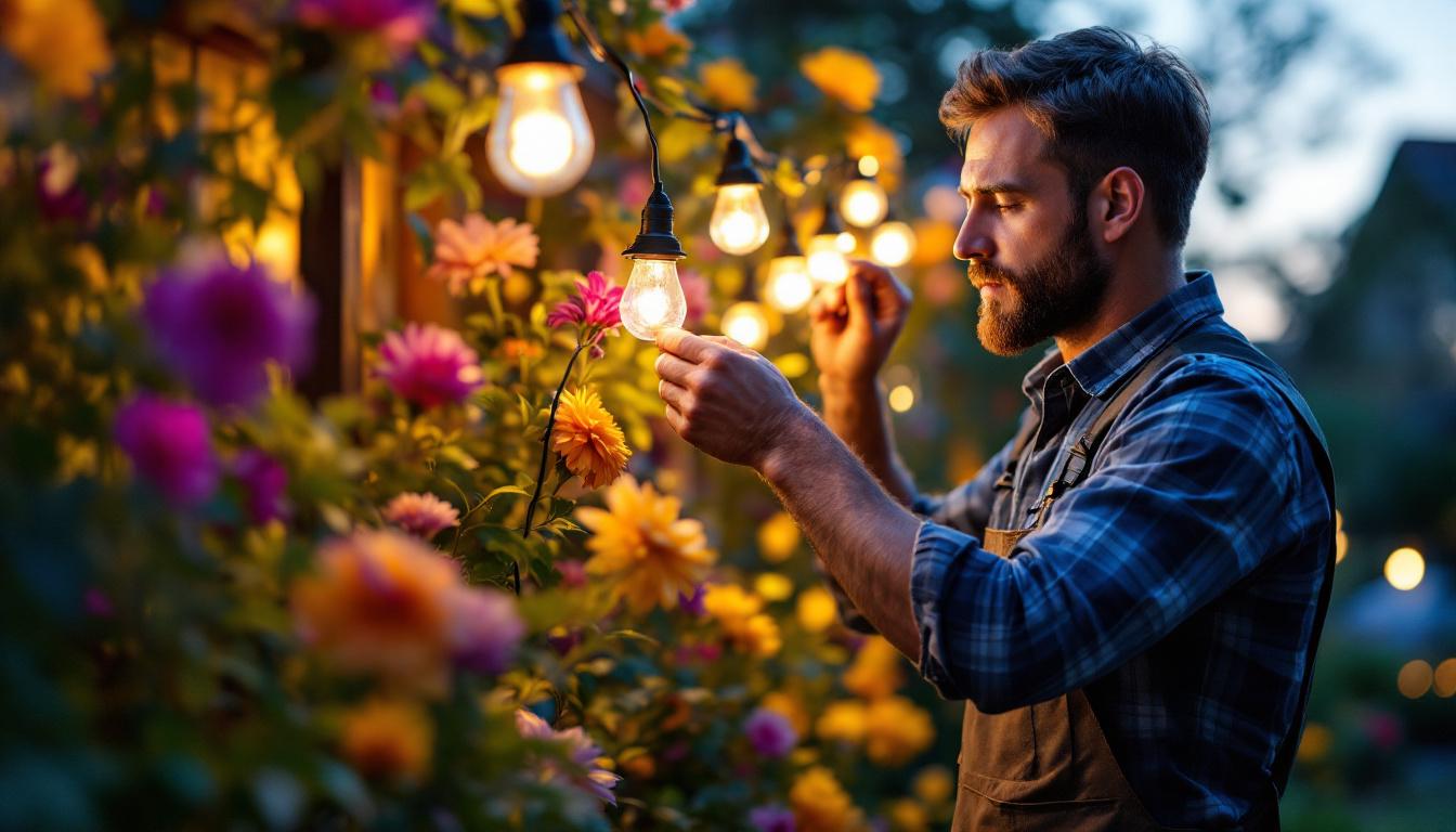 A photograph of a lighting contractor skillfully installing or adjusting decorative lights among vibrant flowers in a garden setting
