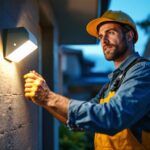 A photograph of a lighting contractor installing led motion detector outdoor lights in a residential setting