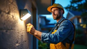 A photograph of a lighting contractor installing led motion detector outdoor lights in a residential setting