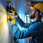 A photograph of a skilled lighting contractor at work