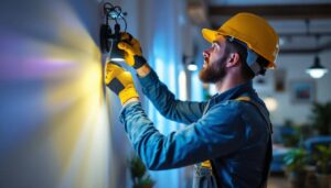 A photograph of a skilled lighting contractor at work