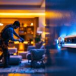 A photograph of a lighting contractor installing a led strip dimmer in a modern residential setting