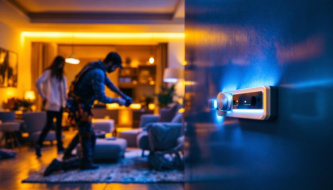 A photograph of a lighting contractor installing a led strip dimmer in a modern residential setting