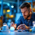 A photograph of a lighting contractor examining a variety of led bulbs in a well-lit workspace