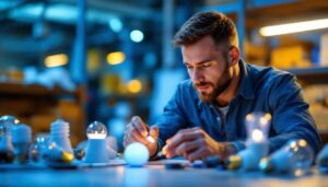 A photograph of a lighting contractor examining a variety of led bulbs in a well-lit workspace