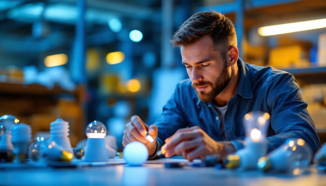 A photograph of a lighting contractor examining a variety of led bulbs in a well-lit workspace