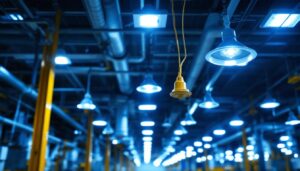 A photograph of a well-lit commercial or industrial lighting installation showcasing various types of lighting ballasts in use