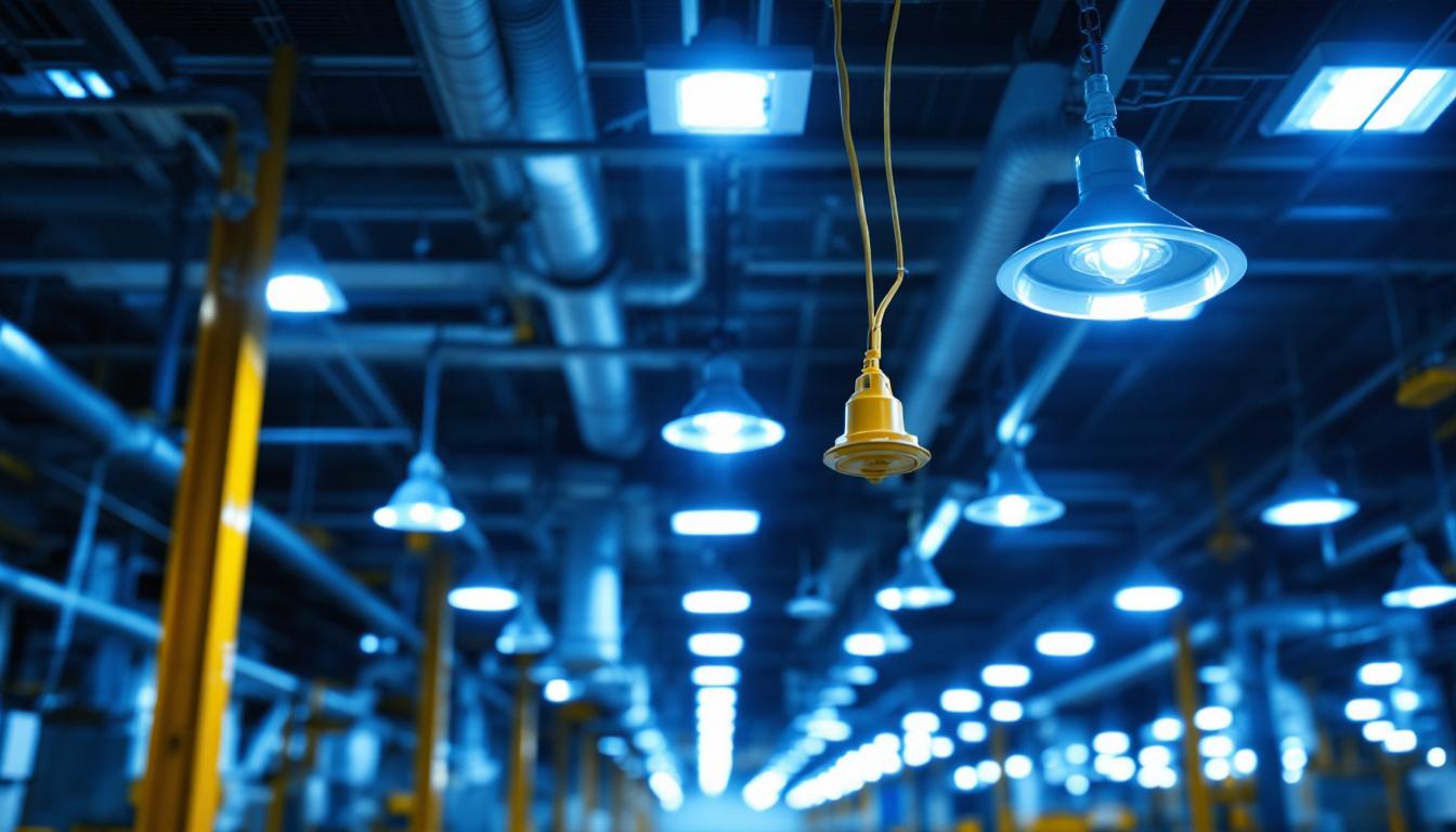 A photograph of a well-lit commercial or industrial lighting installation showcasing various types of lighting ballasts in use